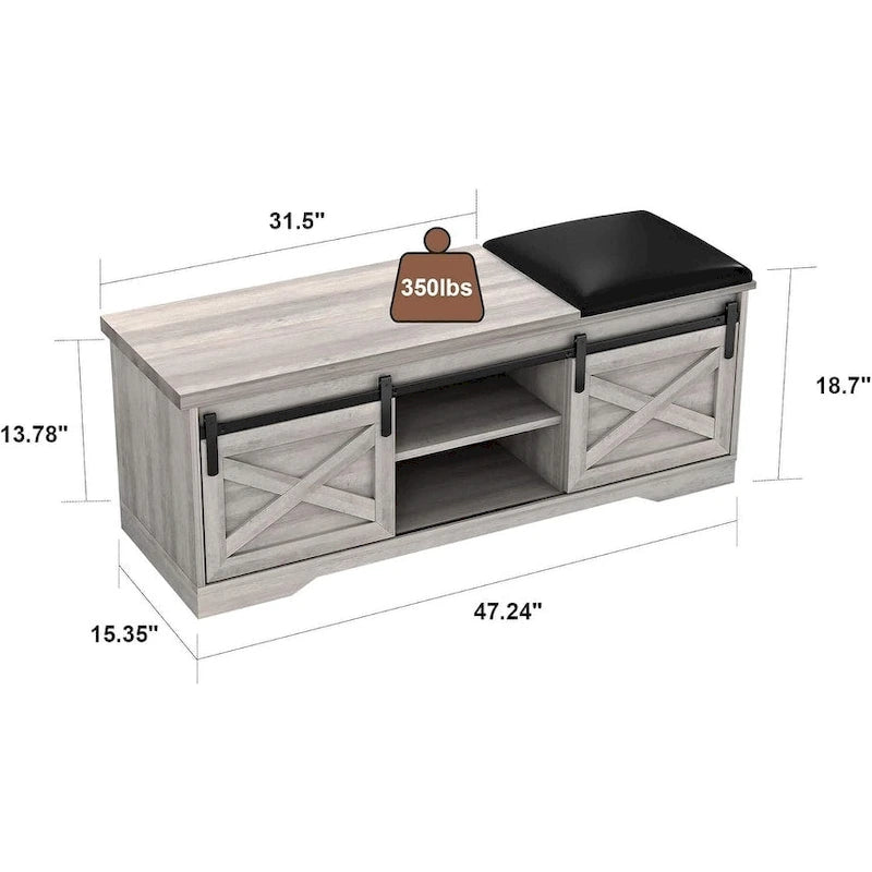 Banc à chaussures d'entrée avec rangement et porte coulissante de style grange – 120 cm x 39 cm x 45 cm