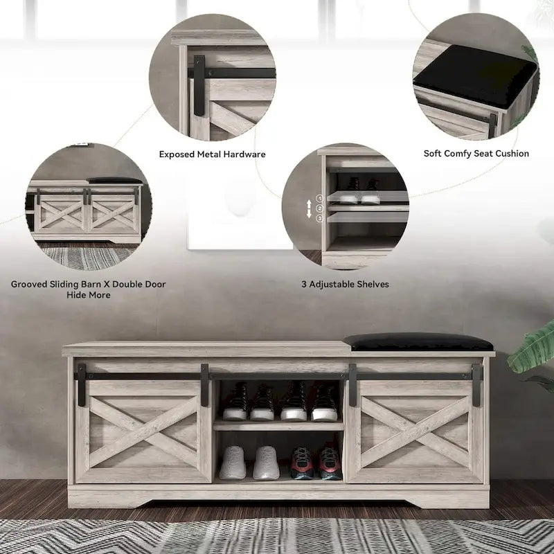 Banc à chaussures d'entrée avec rangement et porte coulissante de style grange – 120 cm x 39 cm x 45 cm