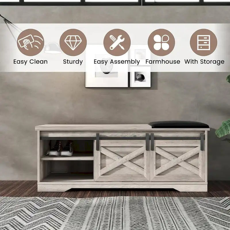 Banc à chaussures d'entrée avec rangement et porte coulissante de style grange – 120 cm x 39 cm x 45 cm