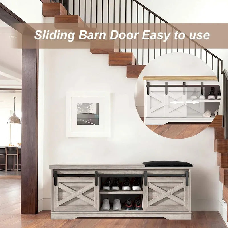 Banc à chaussures d'entrée avec rangement et porte coulissante de style grange – 120 cm x 39 cm x 45 cm