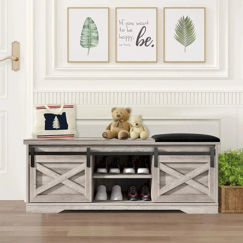 Banc à chaussures d'entrée avec rangement et porte coulissante de style grange – 120 cm x 39 cm x 45 cm