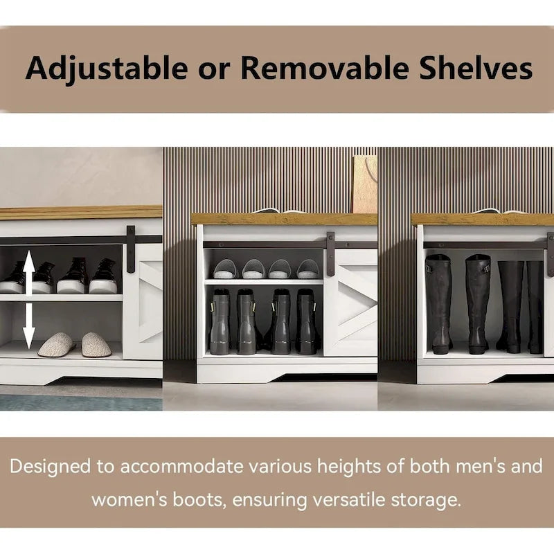 Banc à chaussures d'entrée avec rangement et porte coulissante de style grange – 120 cm x 39 cm x 45 cm