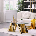 Table basse moderne en verre trempé transparent avec base géométrique pour salon