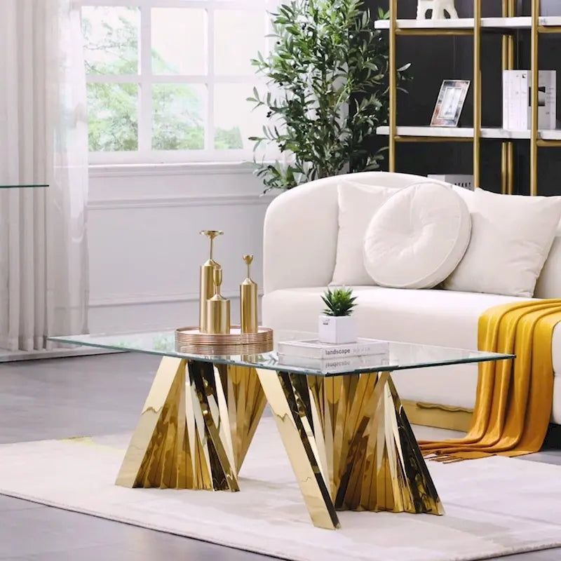 Table basse moderne en verre trempé transparent avec base géométrique pour salon