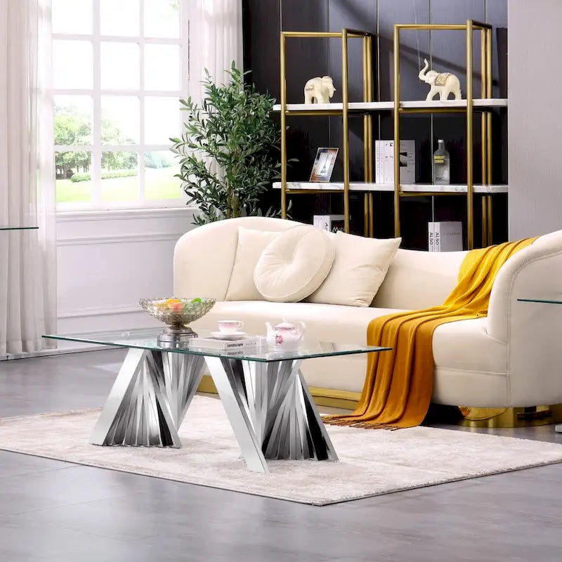 Table basse moderne en verre trempé transparent avec base géométrique pour salon