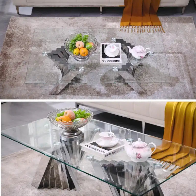 Table basse moderne en verre trempé transparent avec base géométrique pour salon