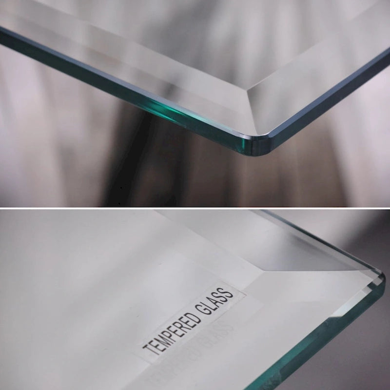 Table basse moderne en verre trempé transparent avec base géométrique pour salon