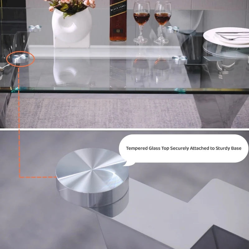 Table basse moderne en verre trempé transparent avec base géométrique pour salon