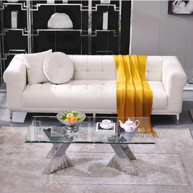 Table basse moderne en verre trempé transparent avec base géométrique pour salon