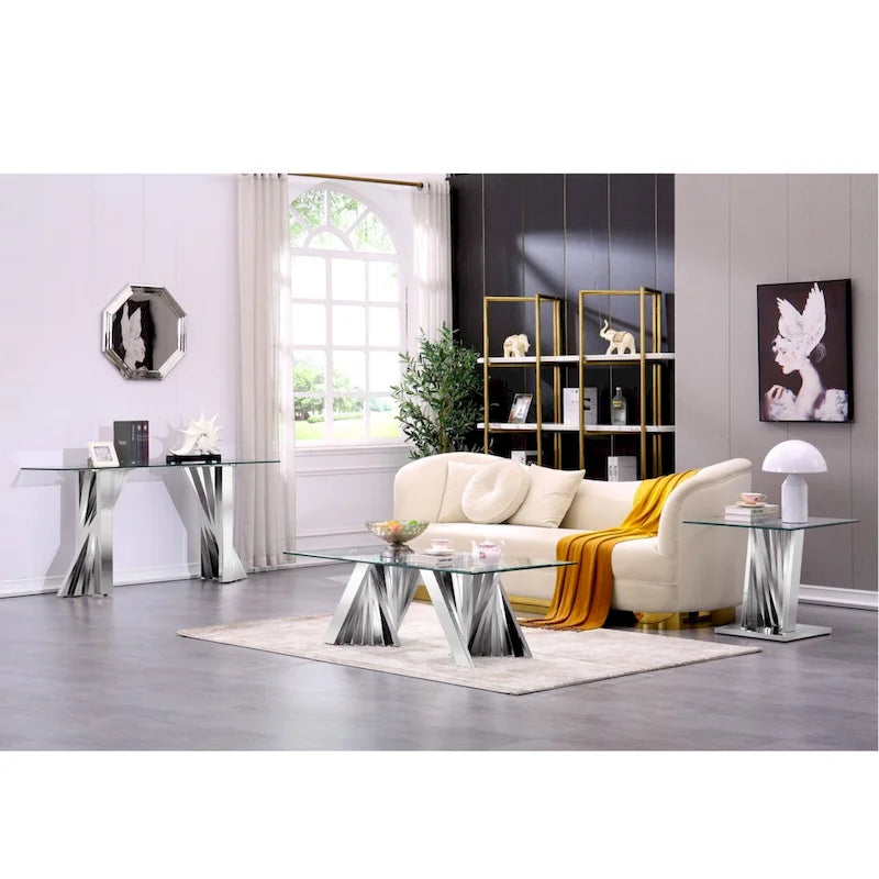 Table basse moderne en verre trempé transparent avec base géométrique pour salon