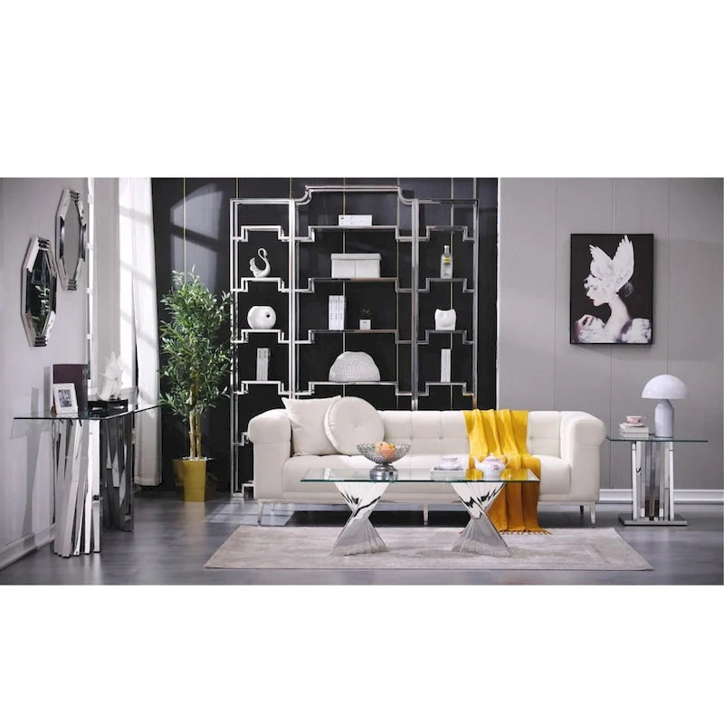 Table basse moderne en verre trempé transparent avec base géométrique pour salon