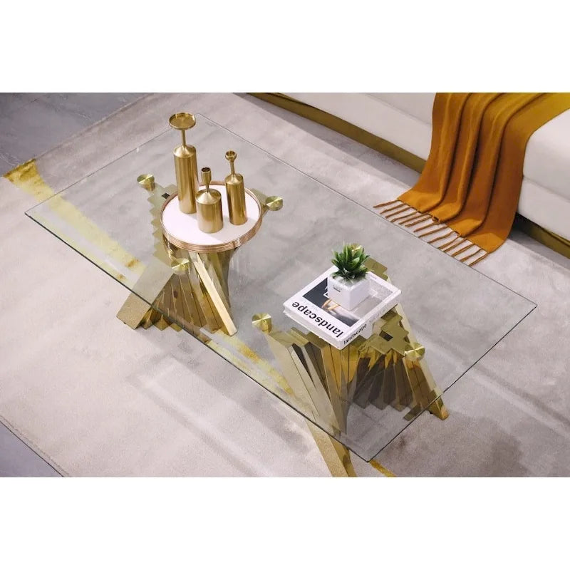Table basse moderne en verre trempé transparent avec base géométrique pour salon