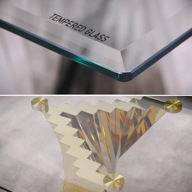 Table basse moderne en verre trempé transparent avec base géométrique pour salon