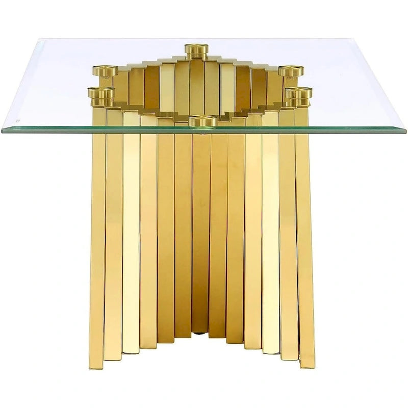 Table basse moderne en verre trempé transparent avec base géométrique pour salon