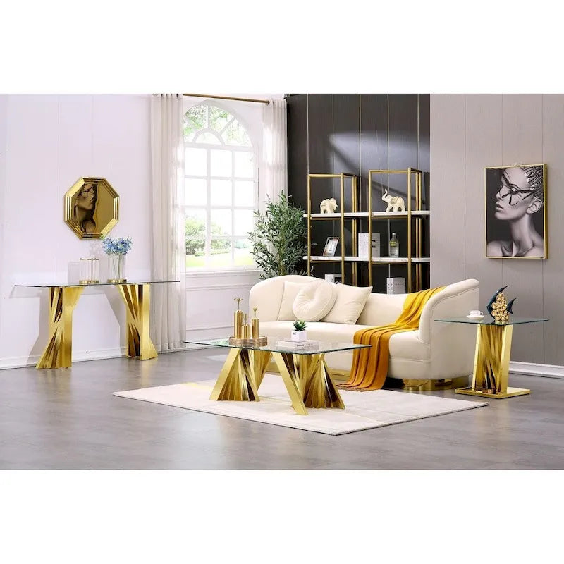 Table basse moderne en verre trempé transparent avec base géométrique pour salon