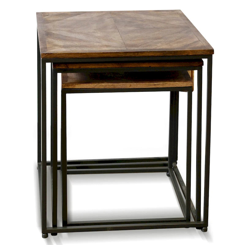 Lot de 3 tables d'appoint gigognes - Dessus en bois foncé - Piétement en fer noir