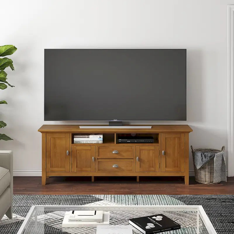Meuble TV en bois massif de 183 cm de large pour téléviseurs jusqu'à 80 pouces - 183 L x 42 P x 66 H cm