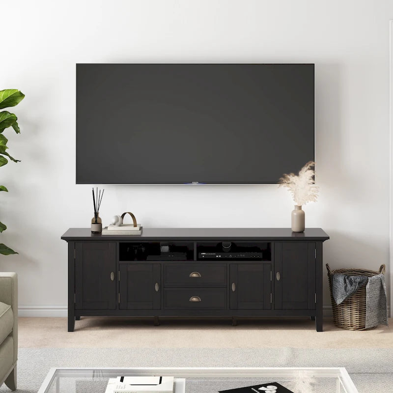 Meuble TV en bois massif de 183 cm de large pour téléviseurs jusqu'à 80 pouces - 183 L x 42 P x 66 H cm
