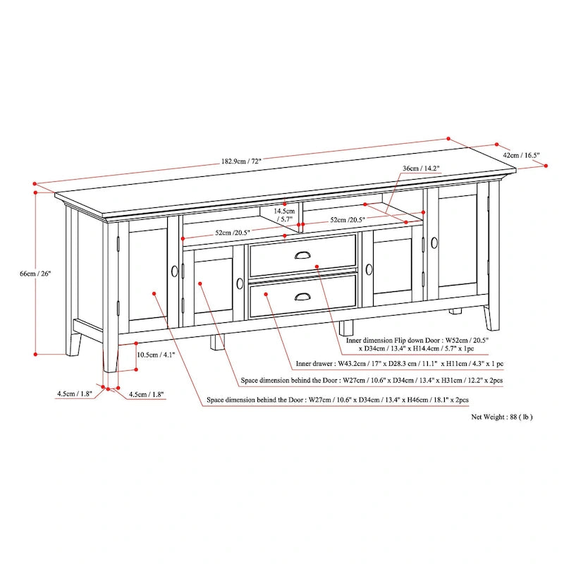 Meuble TV en bois massif de 183 cm de large pour téléviseurs jusqu'à 80 pouces - 183 L x 42 P x 66 H cm
