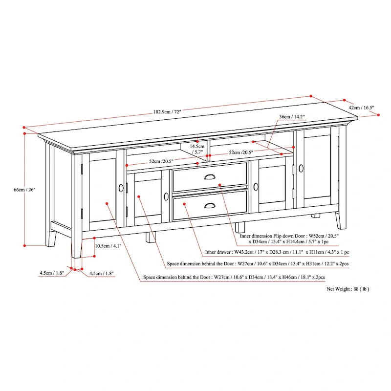 Meuble TV en bois massif de 183 cm de large pour téléviseurs jusqu'à 80 pouces - 183 L x 42 P x 66 H cm