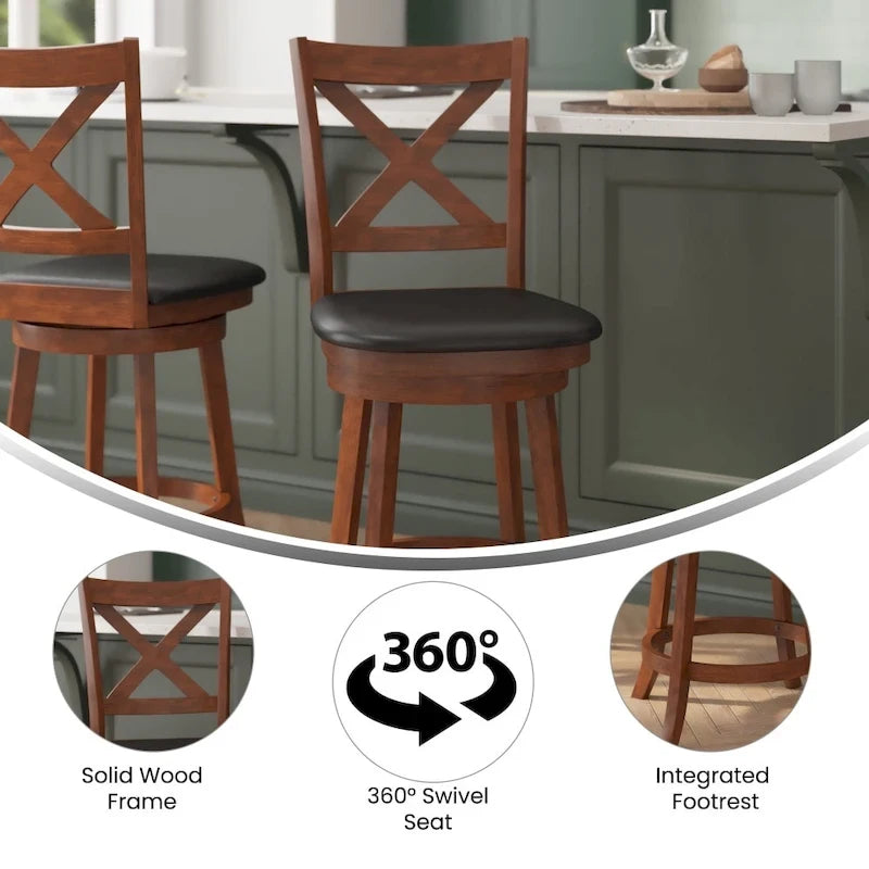 Tabouret de comptoir pivotant moderne en bois à dossier échelle et assise rembourrée