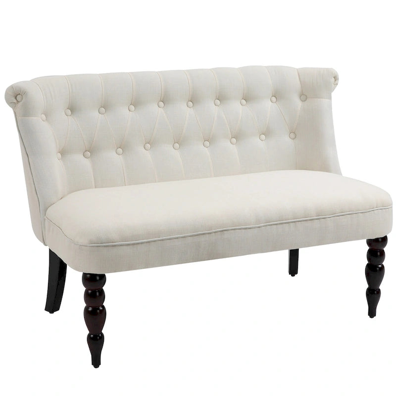 Petite banquette sans accoudoirs en tissu rembourré avec capitonnage, pour salon, avec pieds en bois, blanc crème