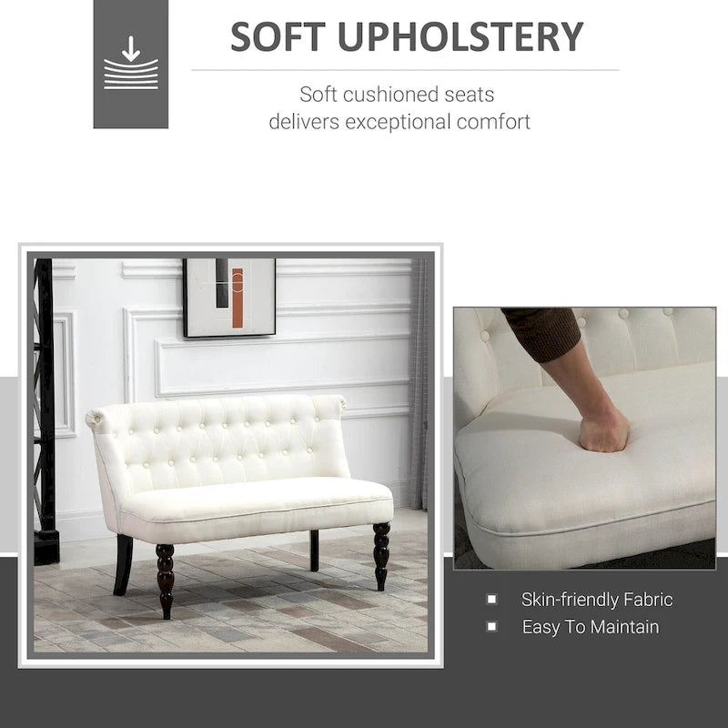 Petite banquette sans accoudoirs en tissu rembourré avec capitonnage, pour salon, avec pieds en bois, blanc crème