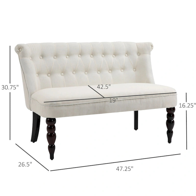 Petite banquette sans accoudoirs en tissu rembourré avec capitonnage, pour salon, avec pieds en bois, blanc crème