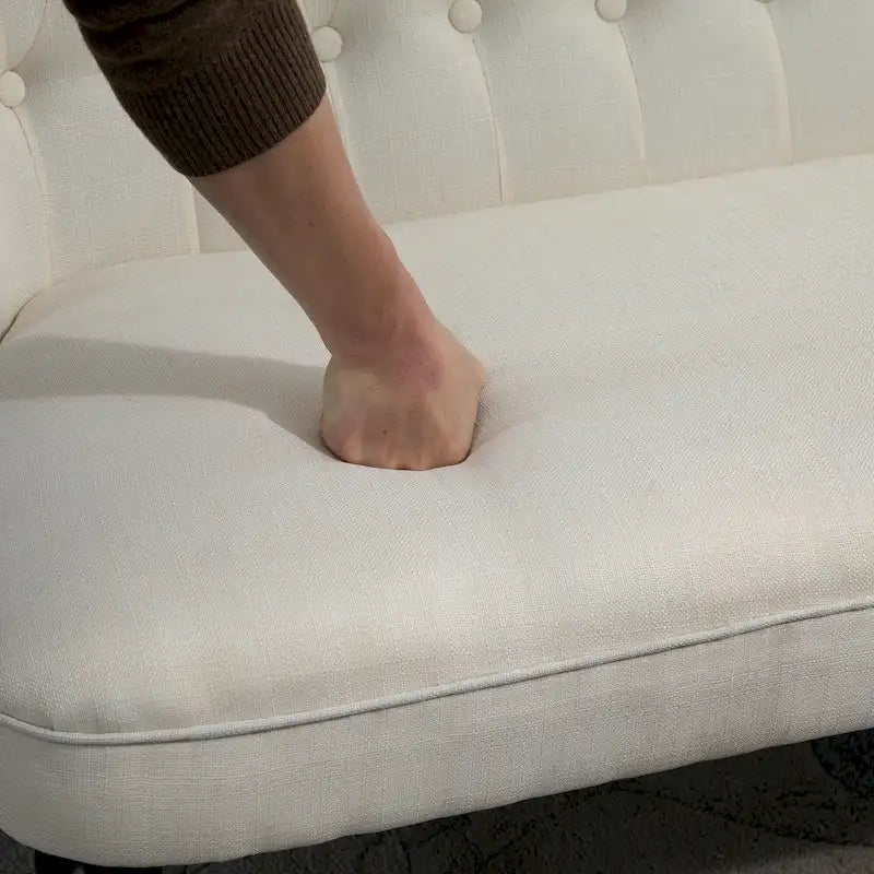 Petite banquette sans accoudoirs en tissu rembourré avec capitonnage, pour salon, avec pieds en bois, blanc crème