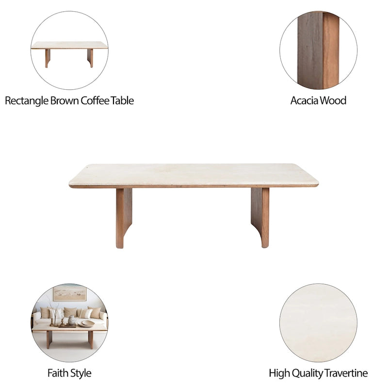 Table basse en acacia et travertin pour salon moderne