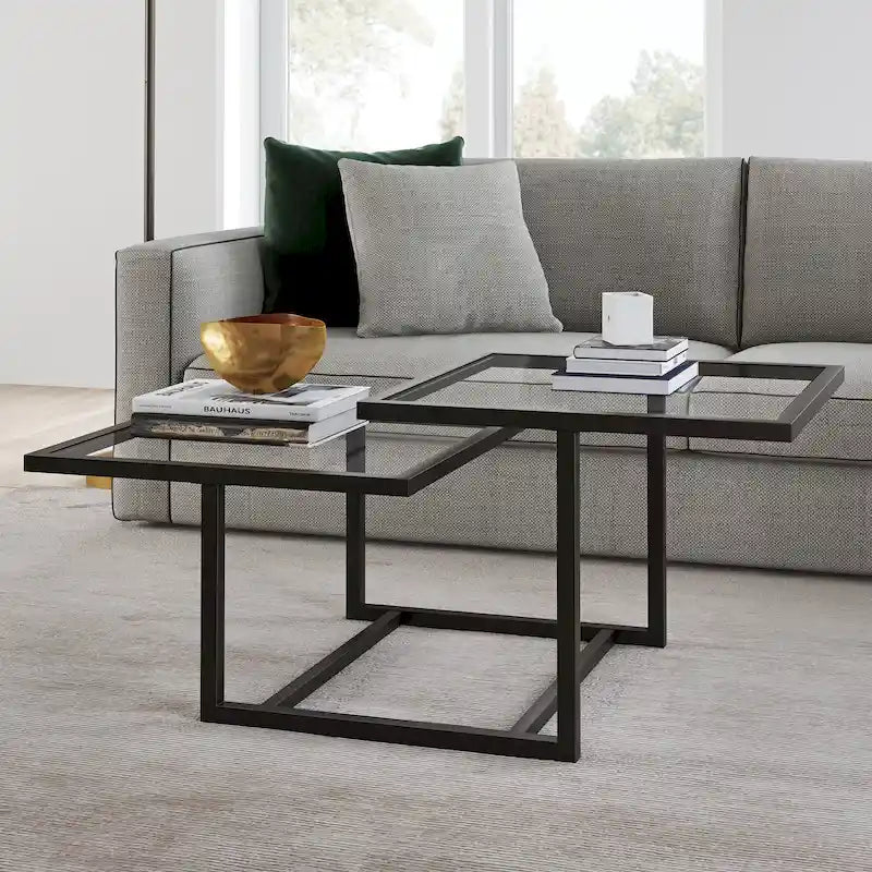 Table basse à deux niveaux avec plateaux en verre trempé