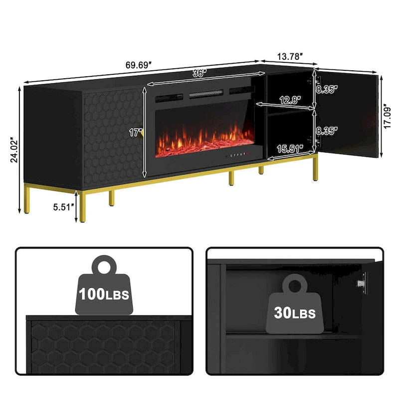 Meuble TV 70 po avec foyer électrique de 36 po