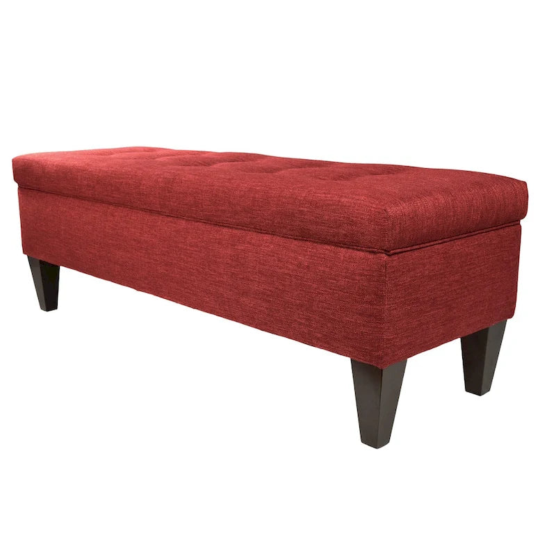 Banc de rangement long capitonné en tissu uni et bois