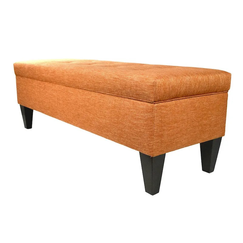 Banc de rangement long capitonné en tissu uni et bois