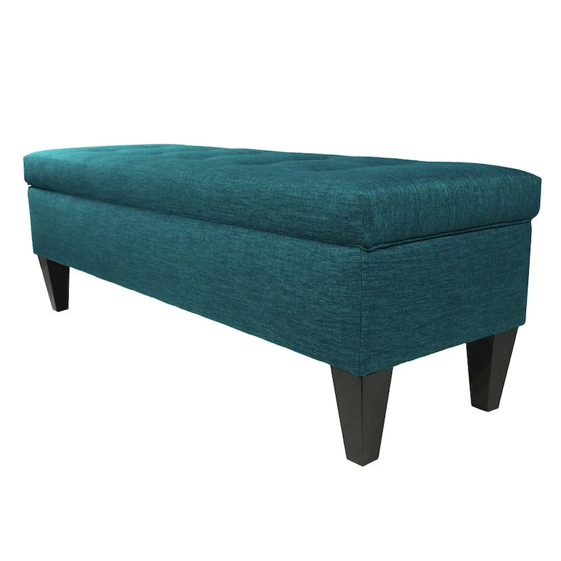 Banc de rangement long capitonné en tissu uni et bois