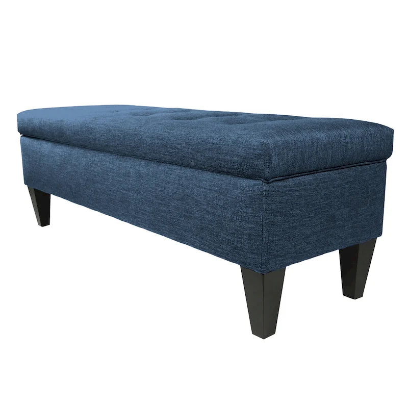 Banc de rangement long capitonné en tissu uni et bois
