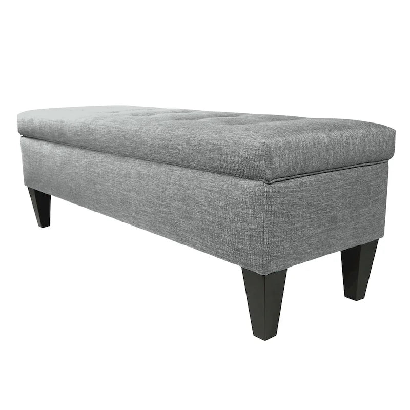 Banc de rangement long capitonné en tissu uni et bois