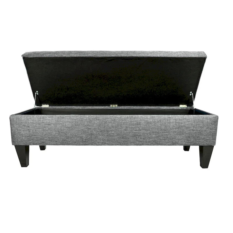 Banc de rangement long capitonné en tissu uni et bois