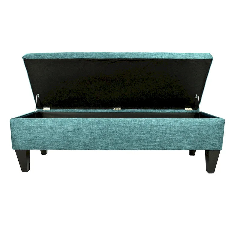 Banc de rangement long capitonné en tissu uni et bois