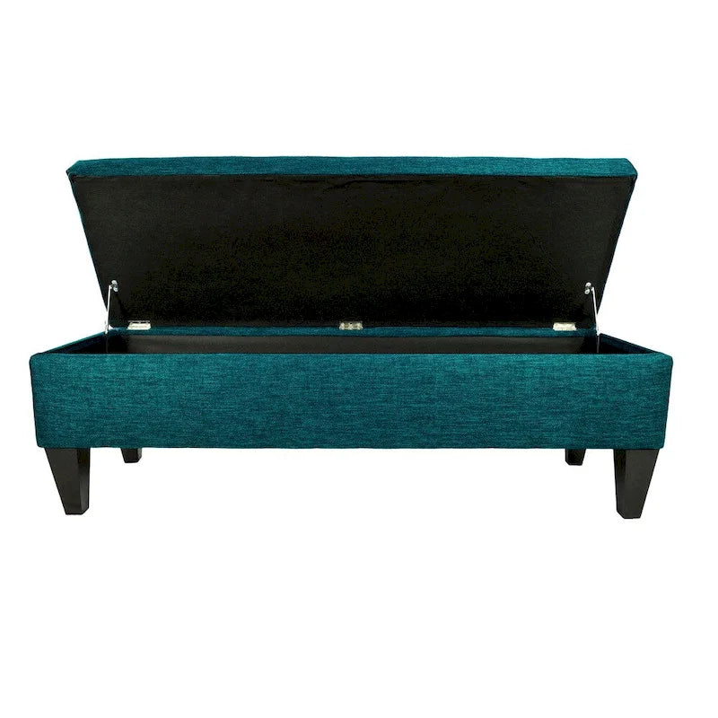 Banc de rangement long capitonné en tissu uni et bois