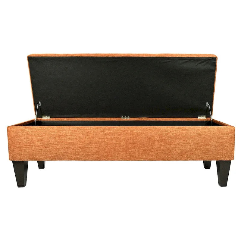 Banc de rangement long capitonné en tissu uni et bois