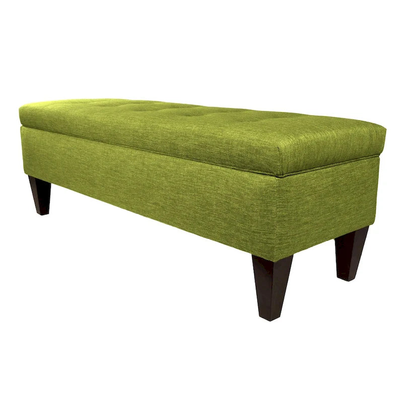 Banc de rangement long capitonné en tissu uni et bois