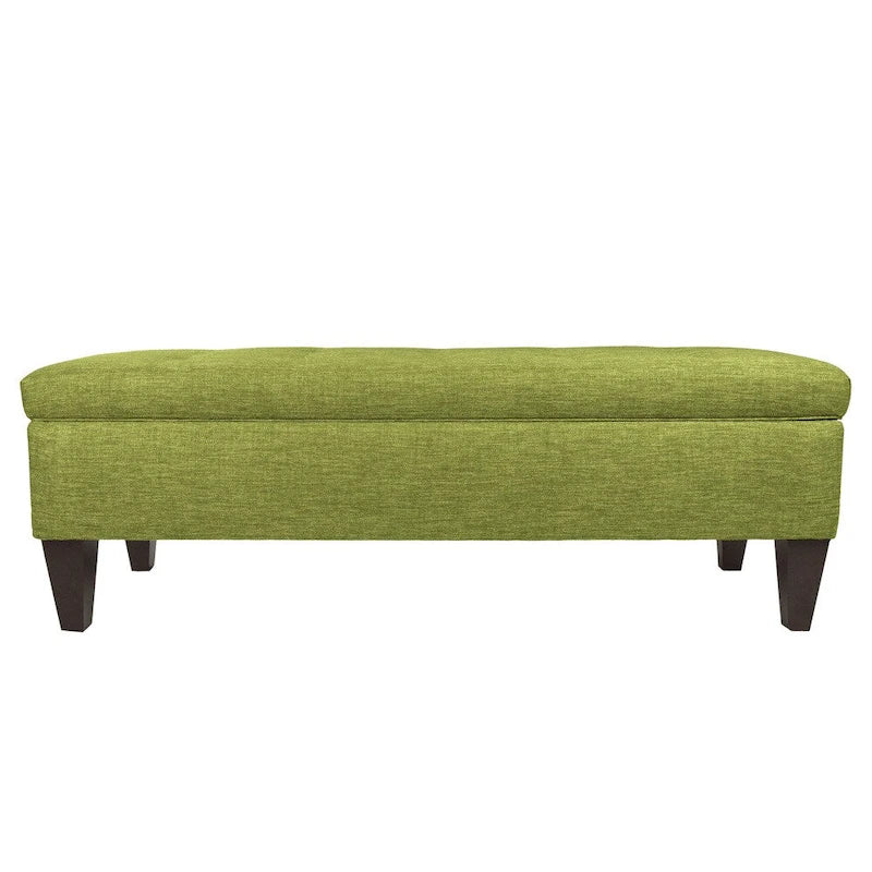 Banc de rangement long capitonné en tissu uni et bois