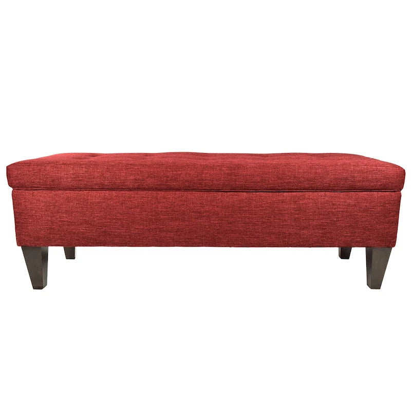 Banc de rangement long capitonné en tissu uni et bois