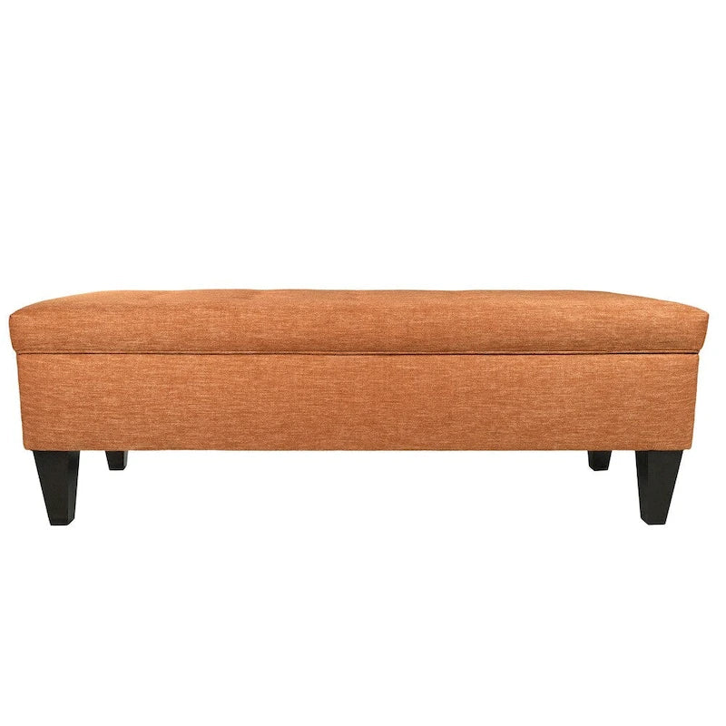 Banc de rangement long capitonné en tissu uni et bois