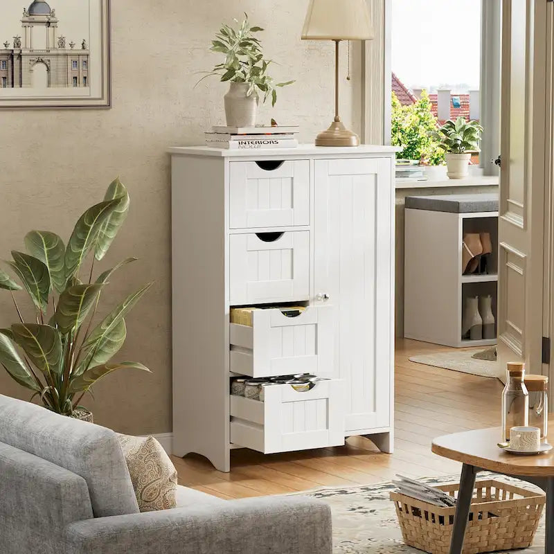 Meuble de salle de bain en bois, Meuble de rangement sur pied avec 4 tiroirs et 1 placard