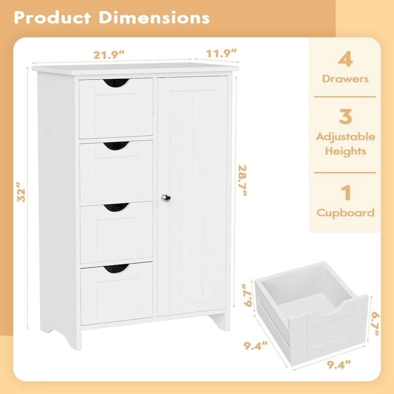 Meuble de salle de bain en bois, Meuble de rangement sur pied avec 4 tiroirs et 1 placard