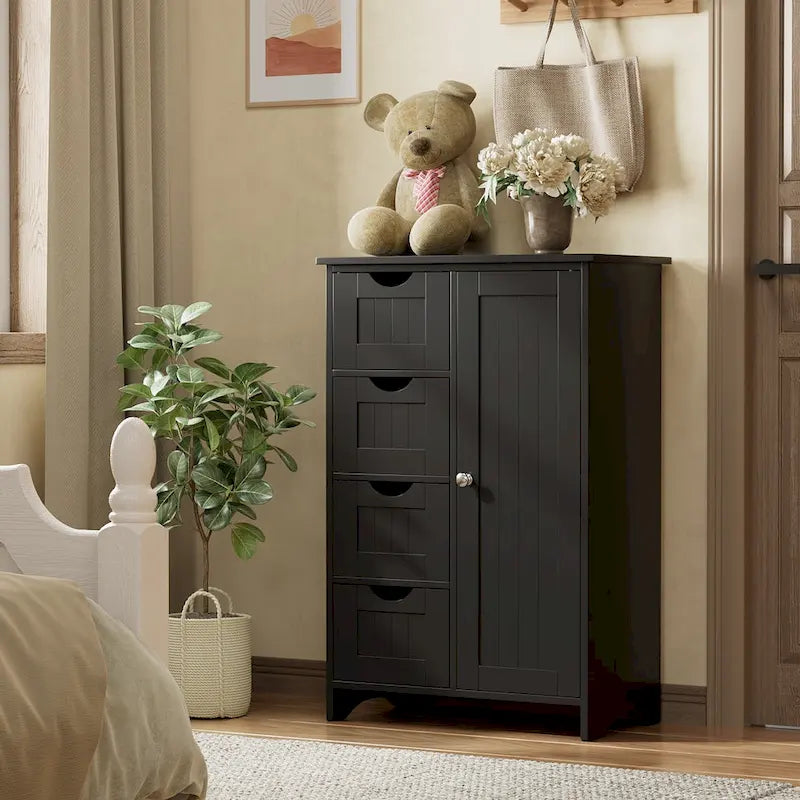 Meuble de salle de bain en bois, Meuble de rangement sur pied avec 4 tiroirs et 1 placard