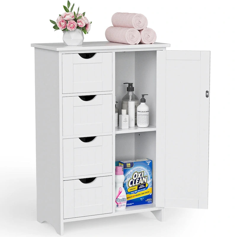 Meuble de salle de bain en bois, Meuble de rangement sur pied avec 4 tiroirs et 1 placard