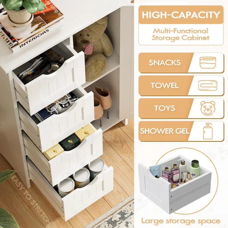 Meuble de salle de bain en bois, Meuble de rangement sur pied avec 4 tiroirs et 1 placard